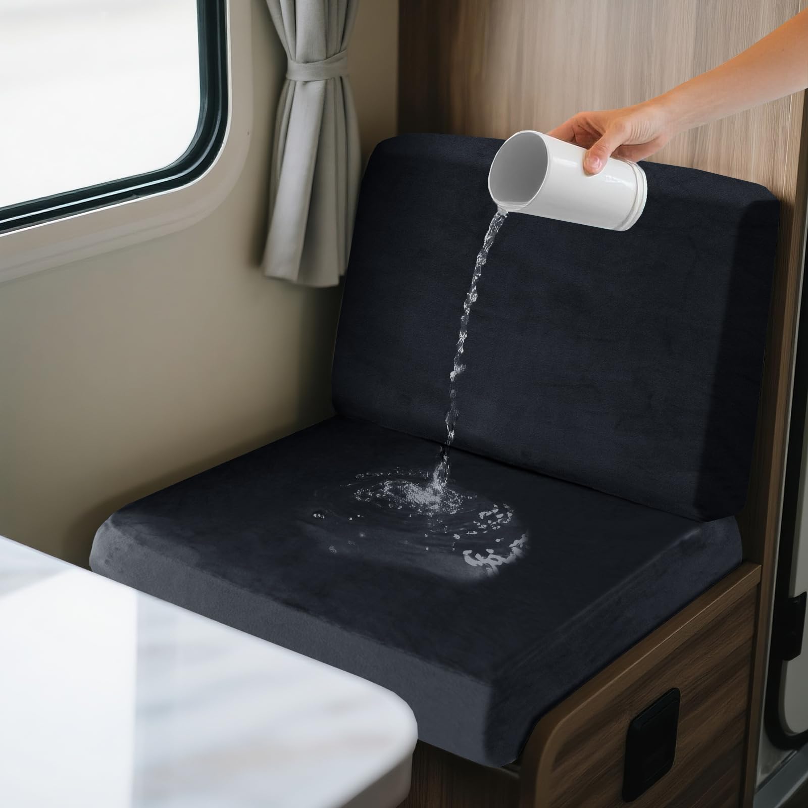SYLC 2 Piece Waterproof Caravan Seat Covers and Backrest Cover, Non-slip Motorhome Dinette Cushion Covers with Ties, Stretch Campervan Seat Covers Velvet (Navy,Square M)