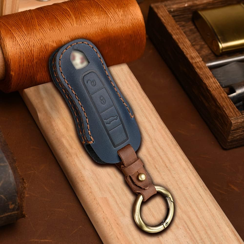 HIBEYO Smart Key Fob Case Leather Full Protection Cover Compatible with Porsche 911 Cayenne Macan Panamera Taycan 3 4 Button Keyless Entry Remote Shell Accessories-（3 button Blue