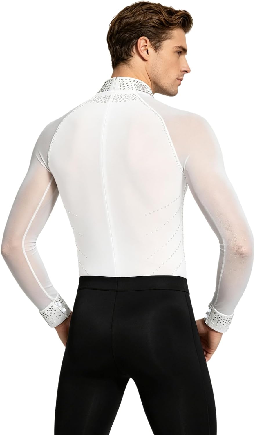 Men Ice Skating Training Shirt Sparkly Rhinestones Long Sleeve Ballet Modern Dance One-piece Leotard