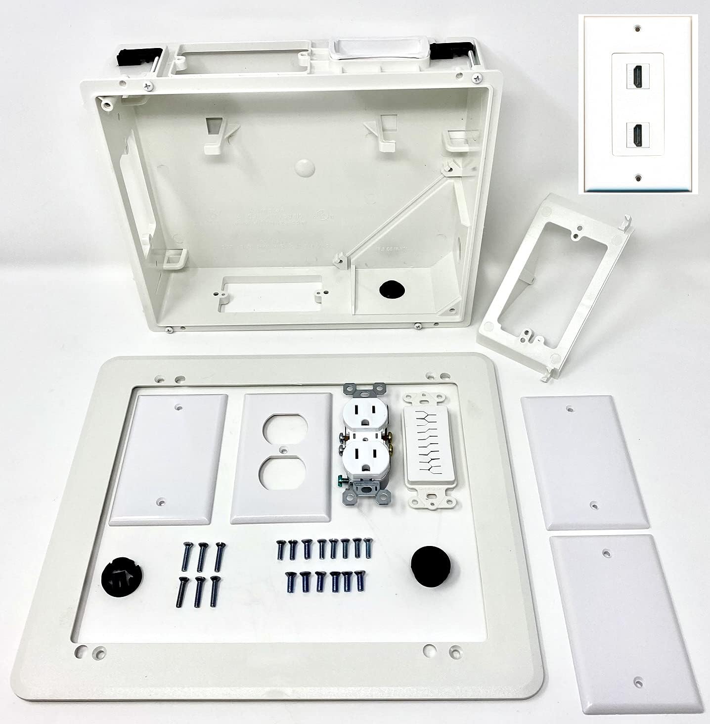RiteAV Recessed Television Box with 2 Port HDMI Wall Plate- Conceals Power and Low Voltage Cabling Behind The Wall - White