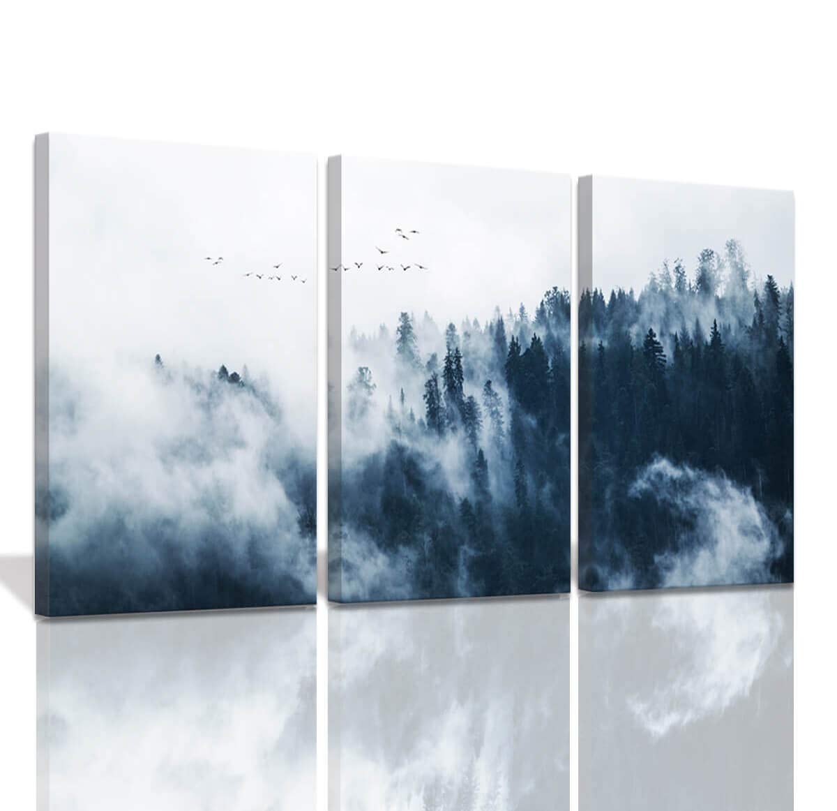 Navy Blue Misty Forests Wall Pictures for Bedroom Modern Abstract Canvas Wall Art Mountain Forest in Fog Bathroom Indigo Wall Decorations Nature Art Evergreen Coniferous Trees 16x24inch 3 Pieces Set