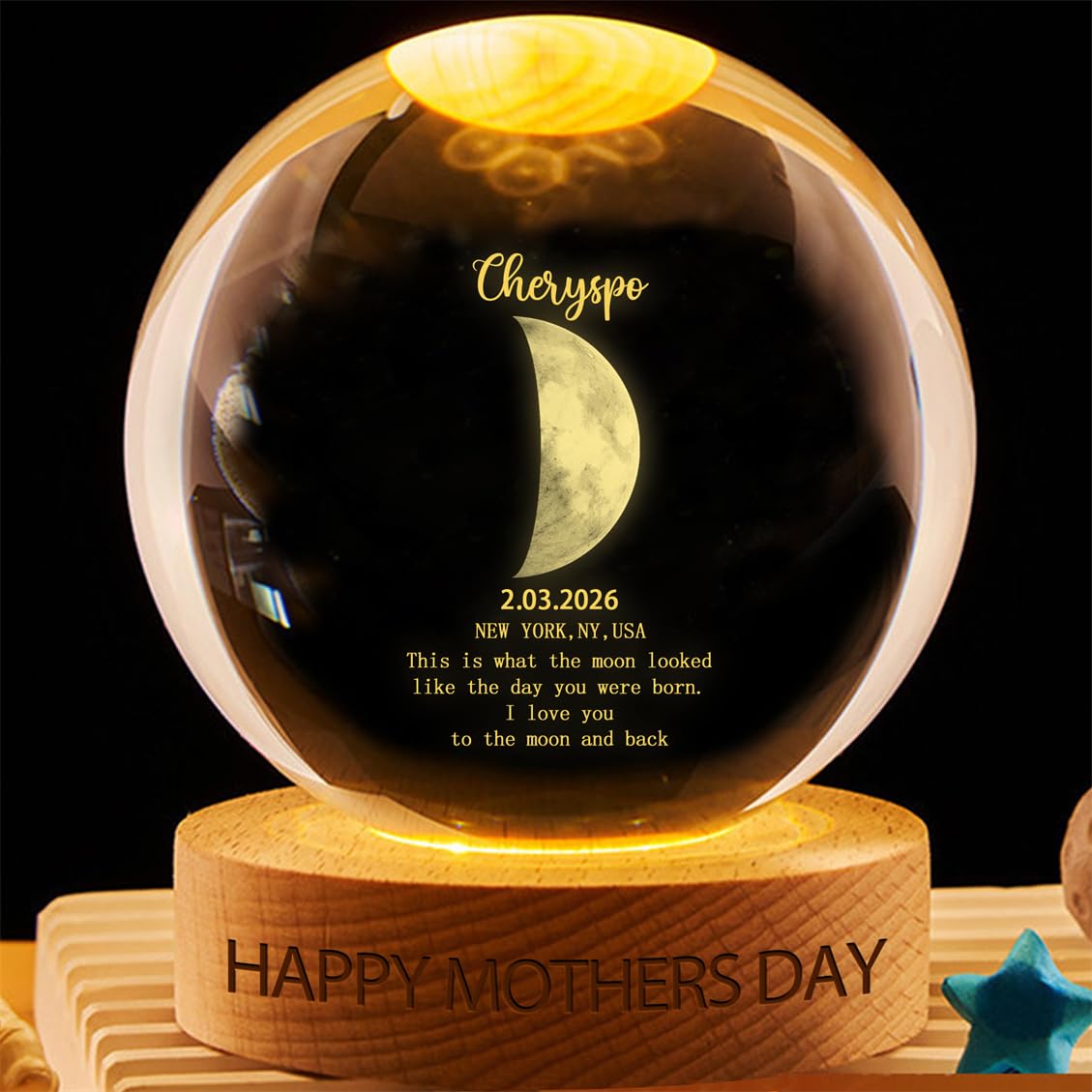 Wasetell Custom Baby Moon Phase Crystal Ball Light Personalized The Day We Were Born Crystal Ball LED Night Light Baby Lunar Phase Art Glass Globe Lamp Couples Gift for Christmas Birthday