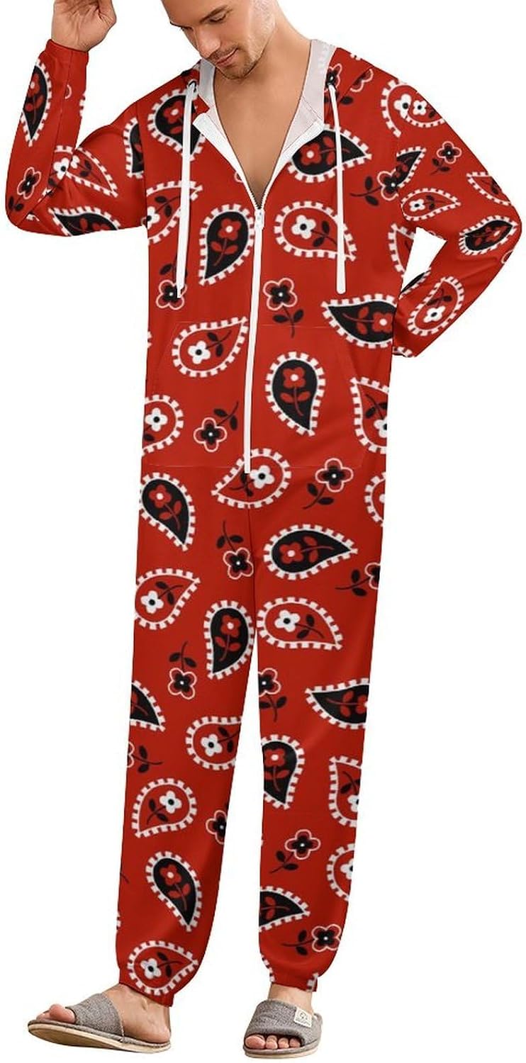 Red Paisley Bandana Adult Pajamas Onesie with Hood Pocket Jumpsuits One Piece Sleepwear