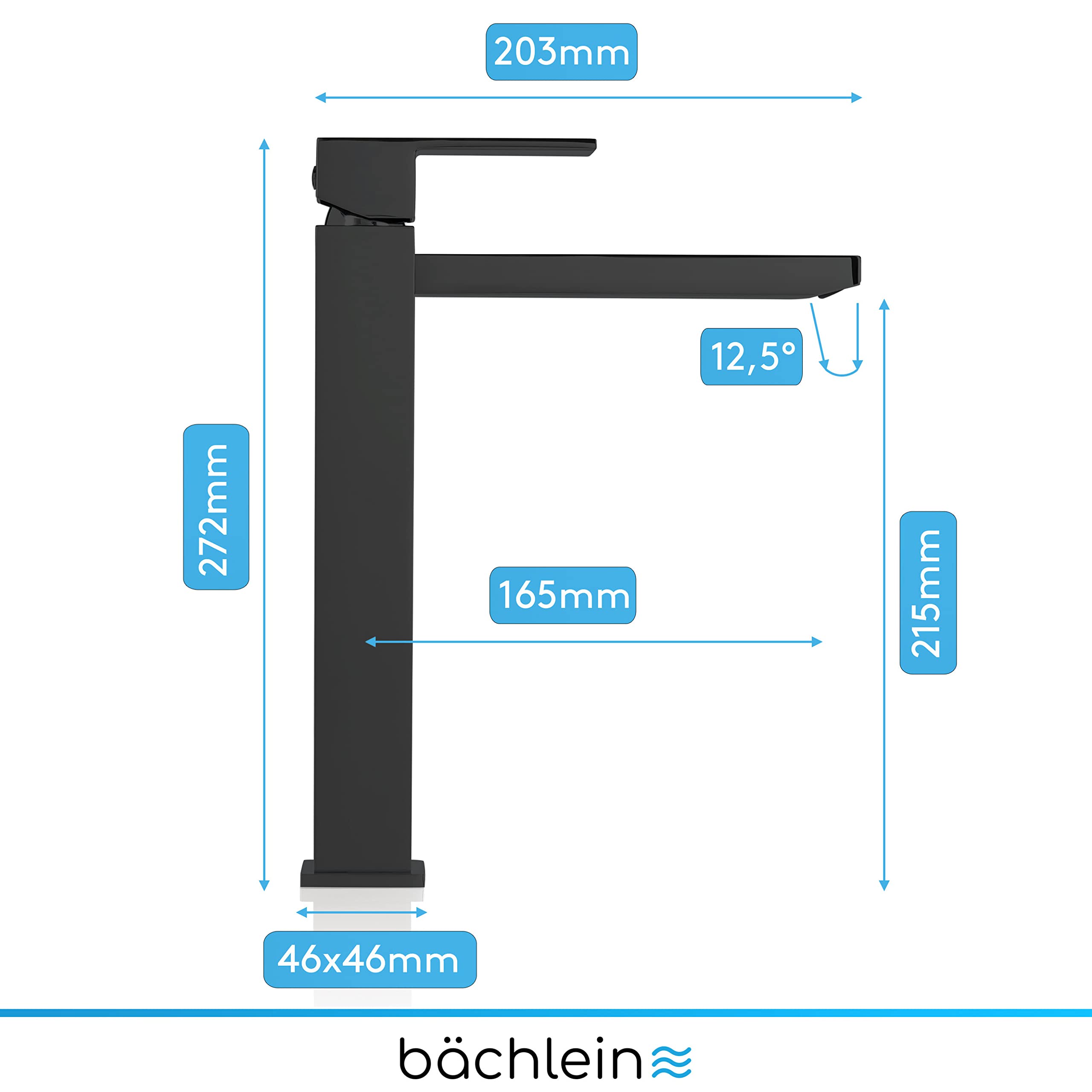 Bächlein Robinet pour Salle de Bain [Anguleux - Noir Mat] - Robinet Extra Haut avec Hauteur de Bec de 215mm Pour Lavabos á Poser, Robinetterie de Lavabo Haut Bec