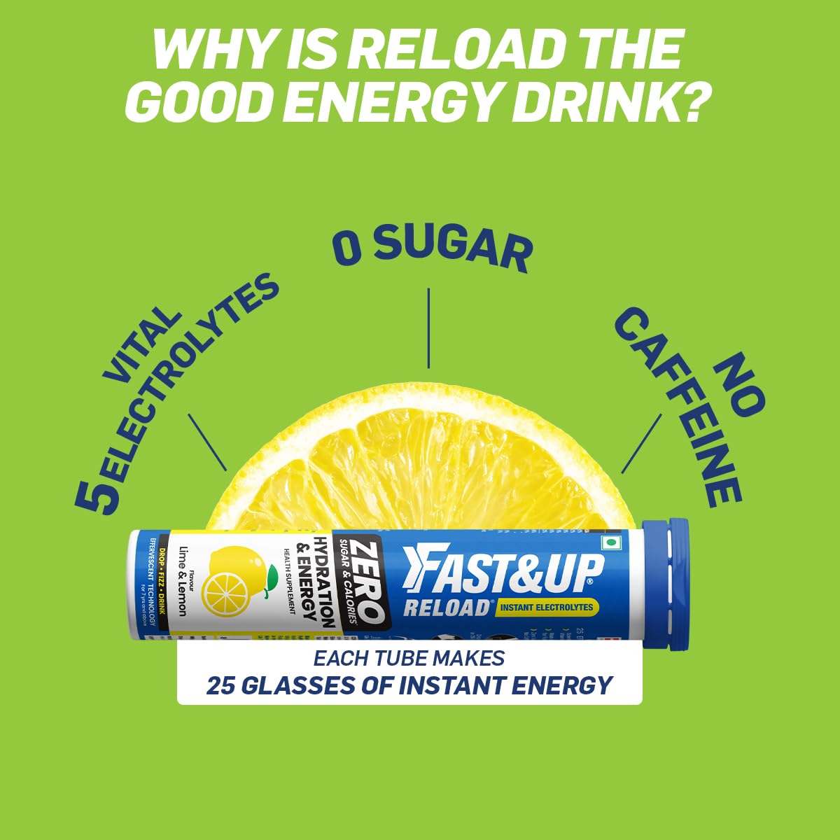 Fast&Up Reload Zero - Zero Sugar Instant Energy & Hydration Drink - Lime Lemon Flavour - 25 Effervescenet Tablets - Image 3 thumbnail