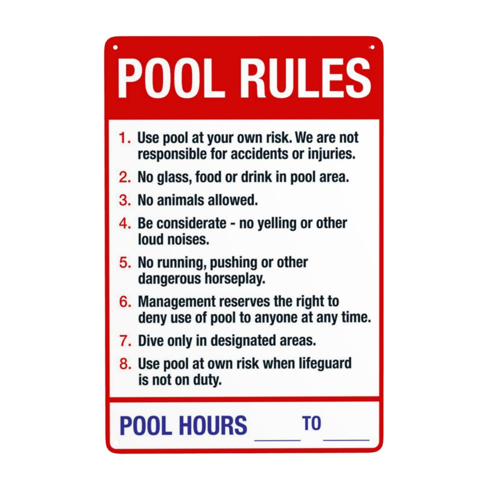 Vintage Metal Tin Sign, Red Theme Pool Rules Safety Warning Wall Decor, 8x12 Inch