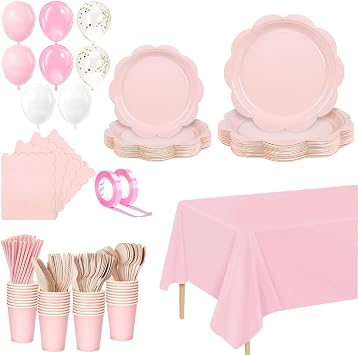 232 Pcs Pink Paper Plates and Napkins,Cups,Straws,Light Pink Party Supplies Including Tablecloth Plates Cups Napkins Straws for Baby Shower Birthday Wedding Party