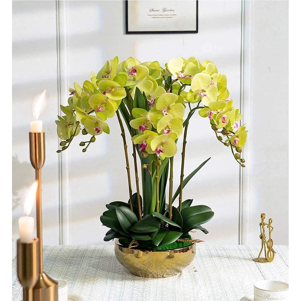 Kunstblumen-Set, künstliche Orchideen (Phalaenopsis 8) mit Goldener Vase, Dekoration für Hochzeitszimmer, Schlafzimmer und mehr.