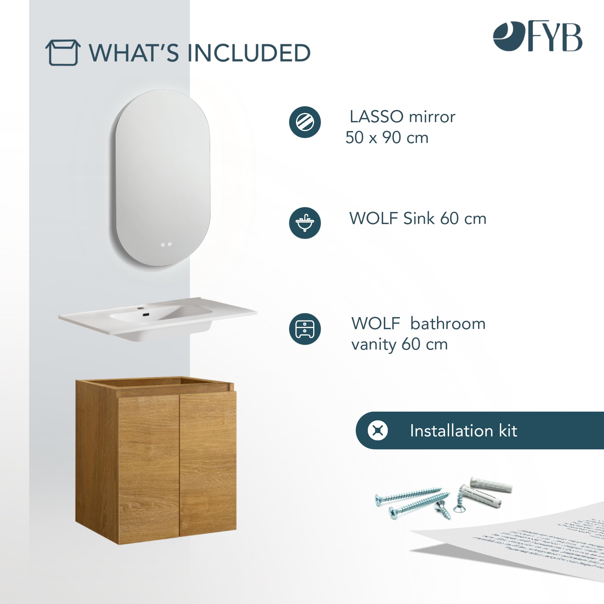 Mueble de Baño Wolf 60 cm Marrón Madera con Encimera Cerámica y Espejo Ovalado LED Antivaho, Lavabo Incluido, 2 Cajones Soft Close, Diseño Suspendido y Compacto para Baños Pequeños