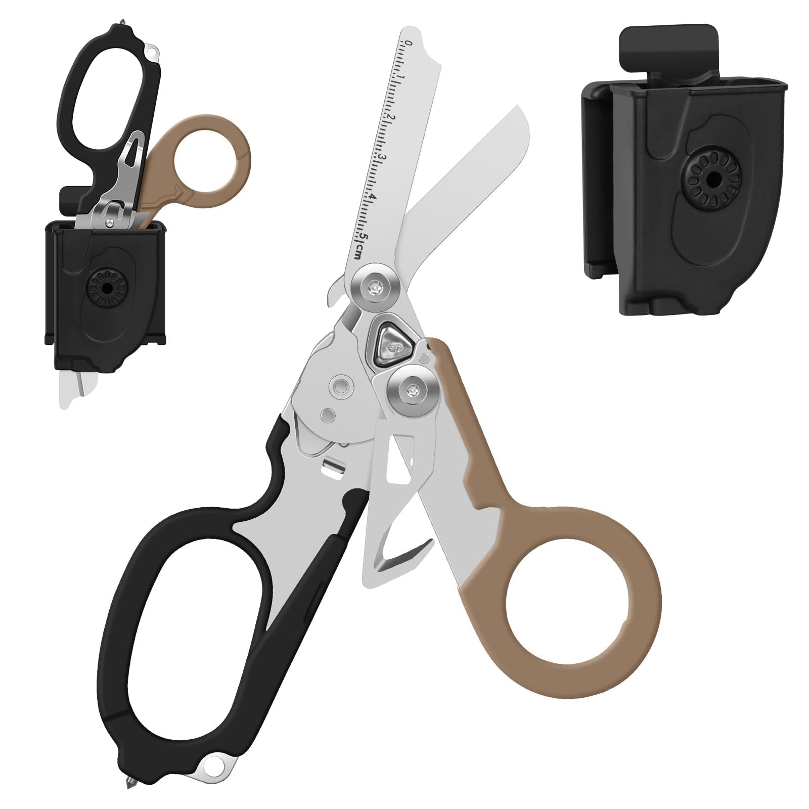 6 in 1 Emergency Response Shears Emergency Scissors Tool Stainless Steel Foldable Scissors Pliers with Strap Cutter and Glass Default (Black & Brown)