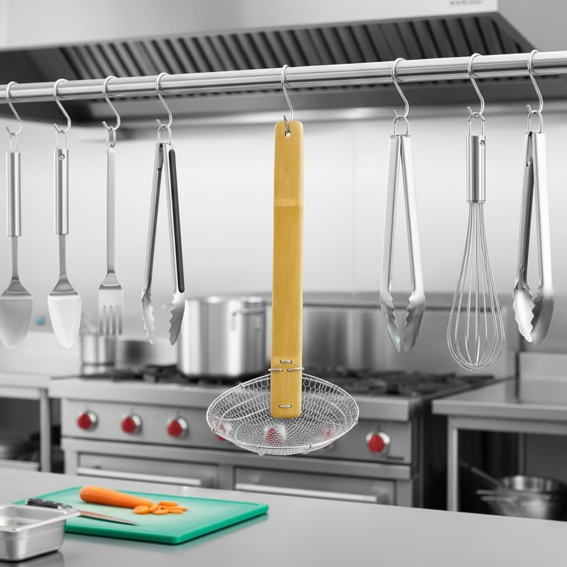 TrueCraftware- 8” Fine Mesh Skimmer Galvanized Steel with Natural Bamboo Handle- Spider Strainer Ladle Kitchen Frying Food Pasta Spaghetti for Cooking and Frying Pasta Strainer Spoon