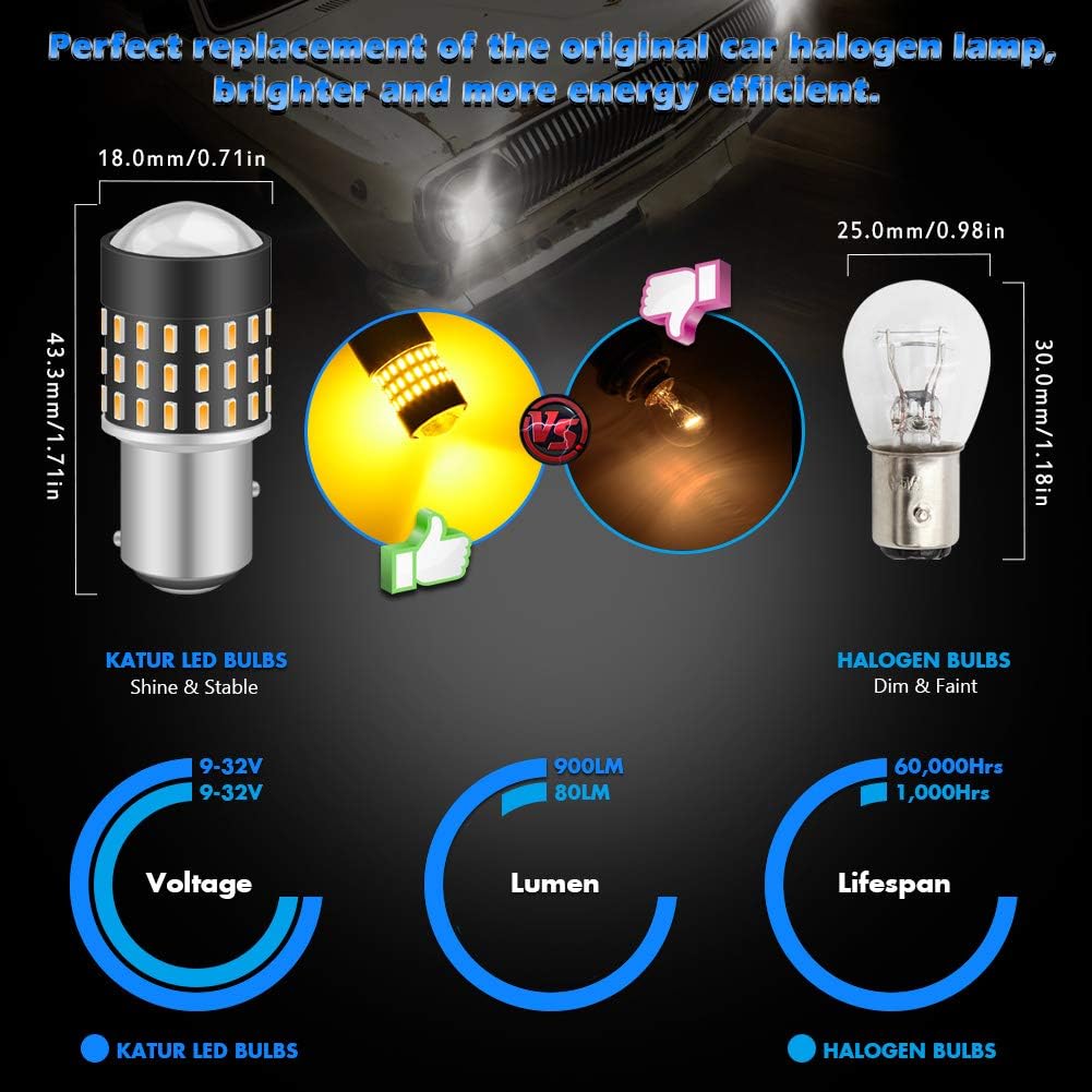 KATUR 1157 BAY15D 1016 1034 7528 Led Light Bulb High Power 3014 54 Chipsets Super Bright 650 Lumens Replace for Turn Signal Back Up Reverse Brake Tail Stop Parking RV Lights,Amber(Pack of 2)