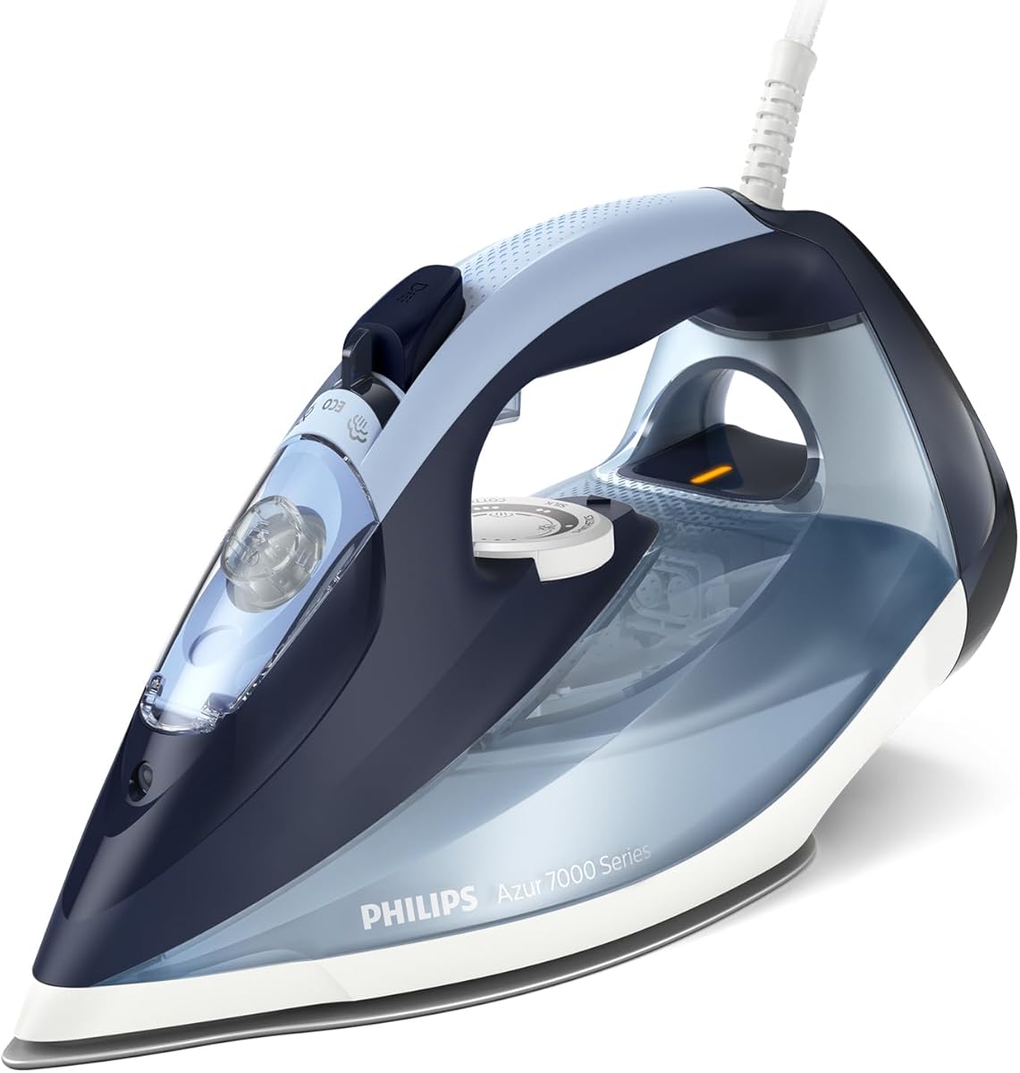 Versuni Philips Azur 7000 Series Steam Iron - 2800 W, 50 g/min Continuous Steam, 250 g Steam Gain, Vertical SteamGlide Plus-Solar Plate, Louros/Cotton Blue (DST7020/20)