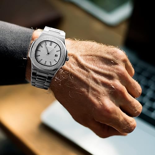 Miniatura 6 de BARAMON Nautilus - Relojes de pulsera para hombre, acero inoxidable, movimiento de cuarzo, fecha, lujo, estilo diamante, manos luminosas, relojes de