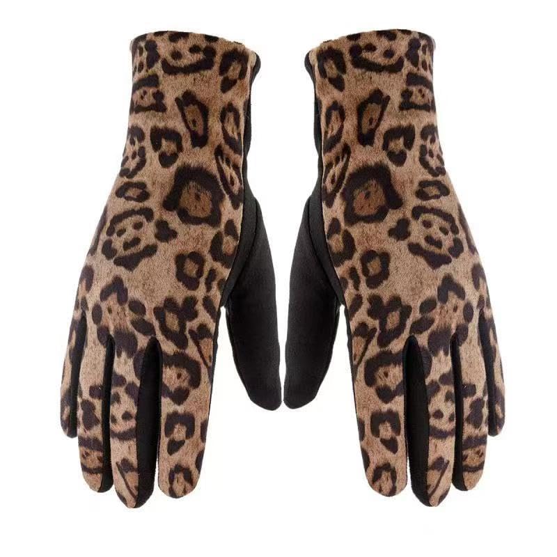 KorhLeoh Womens Leopard-Print Gloves Stretch Cheetah Printing Fleece Touchscreen Gloves for Cold Weather
