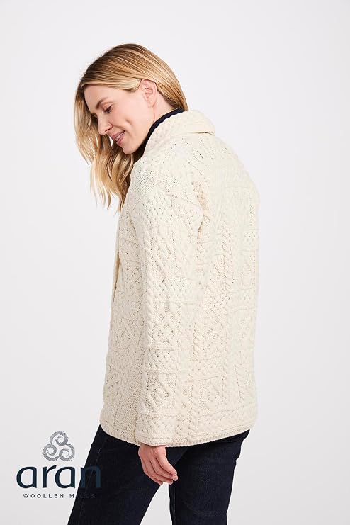 Aran Woollen Mills レディース ショールカラーカーディガン – 100%メリノウール、オープンフロントアイルランドケーブルニットセーター ウォームレイヤー