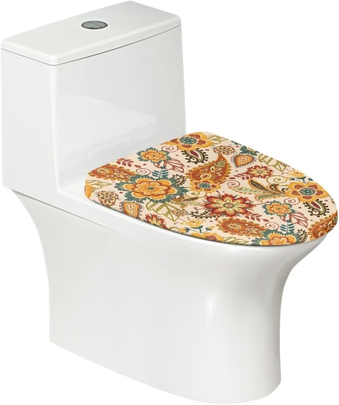 Paisley Flower Pattern Toilet Lid Cover with Elastic Edges Washable Reusable Stretchable Fabric for Most Lids Autumn Bathroom Decor