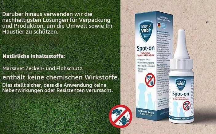 Marsavet Spot-on – Natürlicher Zecken- und Flohschutz für Haustiere, 50 ml – Natürlicher Repellent für Katzen, Hunde, Vögel und Nager