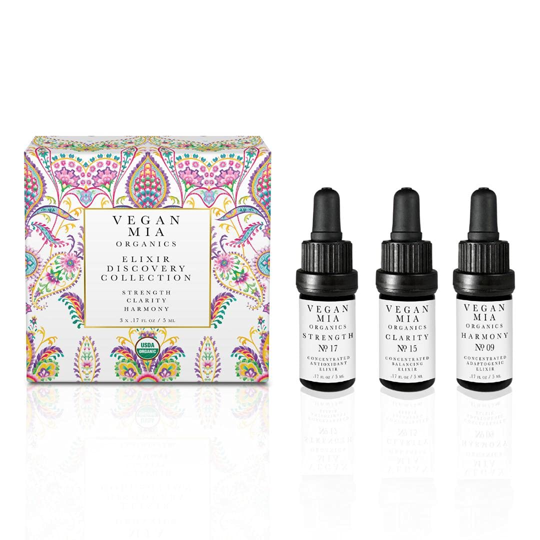 Vegan MiaOrganic Facial Oil Mini Set, 3-Piece Travel Size Discovery Kit Includes: 1 Clarity Balancing + Brightening Elixir, 1 Harmony Adaptogenic Elixir & 1 Strength Antioxidant + Superfood Elixir