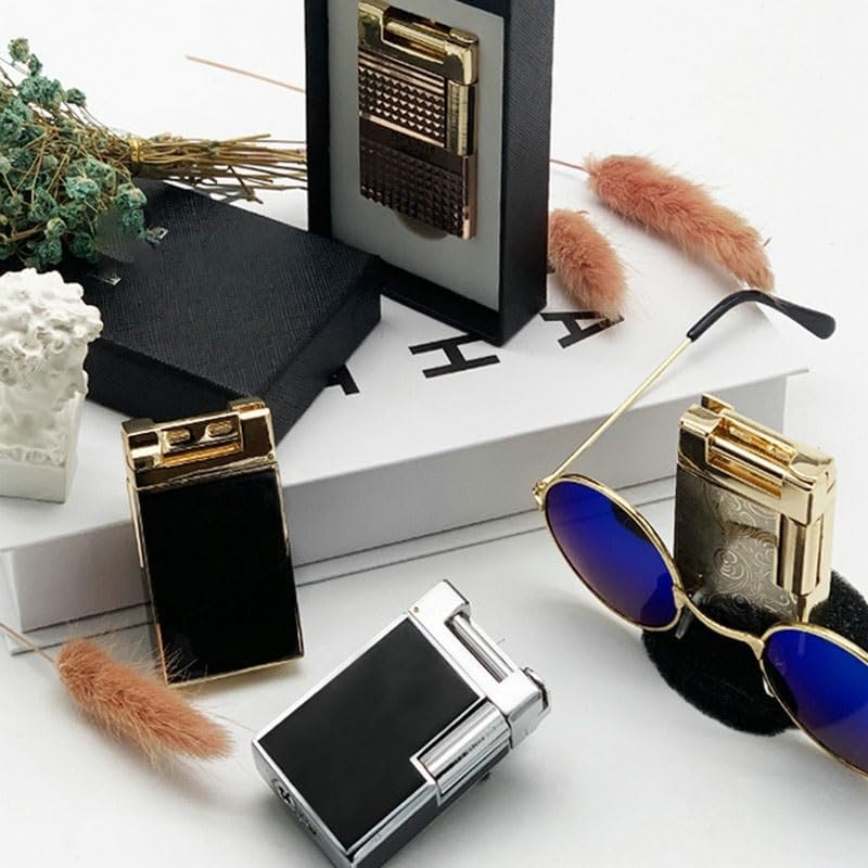 Vintage Metal Butane Lighter, Slanted Flame, Windproof, Adjustable Soft Flame, Refillable, Unique Lighter for Cigars, Candles, Outdoor Camping Hiking (Black Silver)
