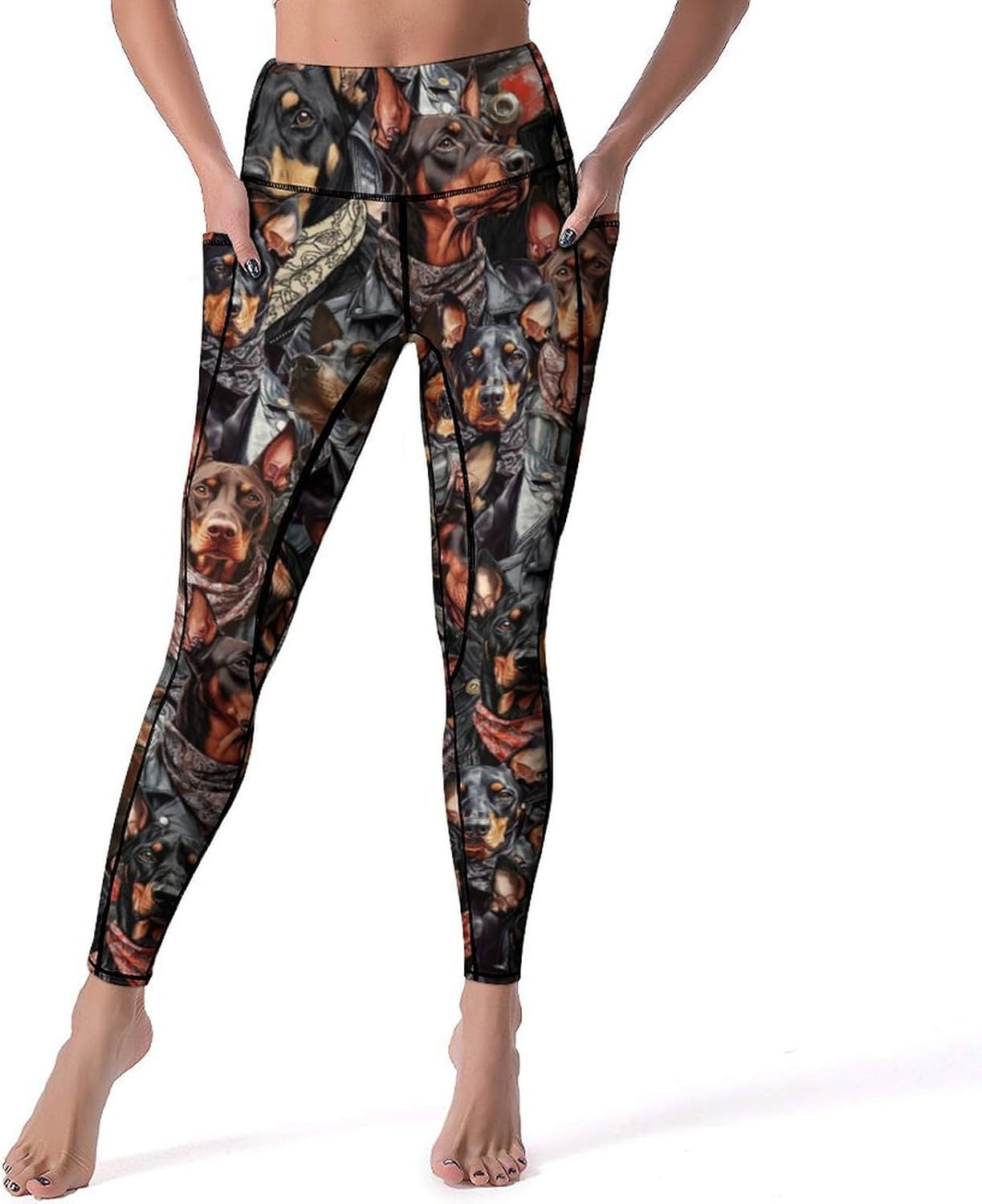 Women's Dog Print High Waist Yoga Pants, Tummy Control, Elastic Stretch Leggings with Convenient Pockets for Running