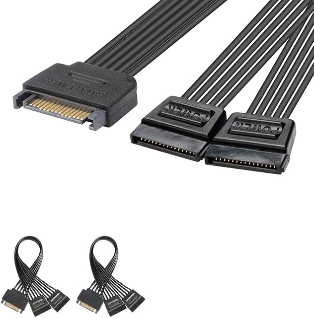 J&D 15 Pin SATA Power Y Splitter Cable (2 Pack), Male to Female, 8 inch