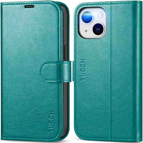 Coque iPhone 14 TUCCH cyan : étui portefeuille anti-choc avec porte-carte