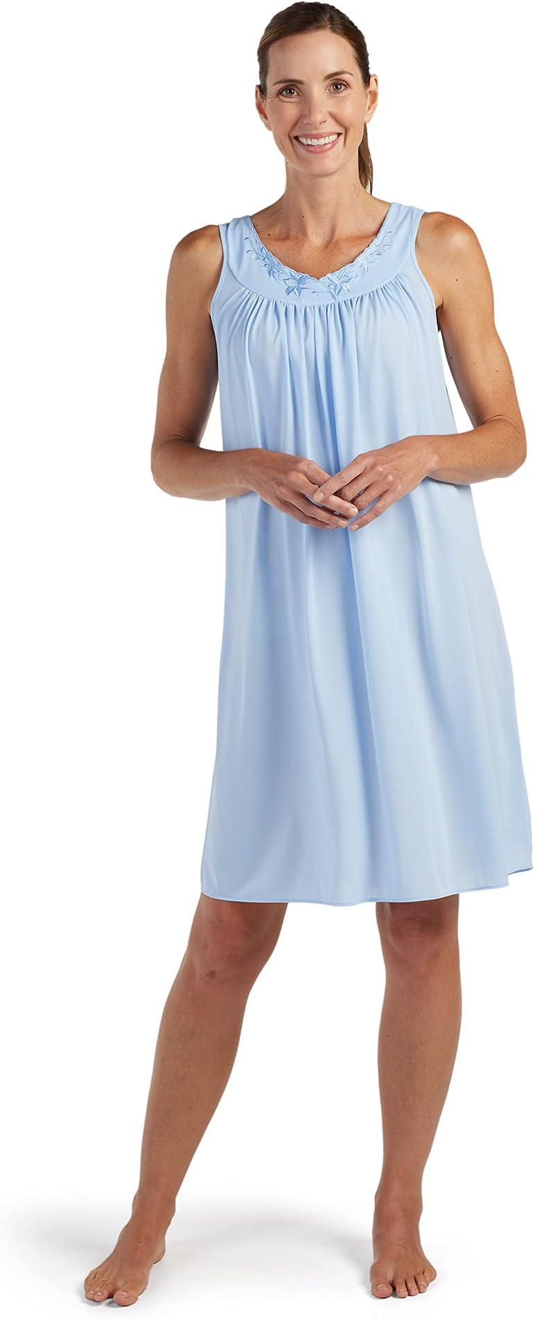 Nightgown - Women's Short Nylon Tricot Gown, Sleeveless Gown with Petal Embroidery at Round Neck