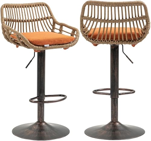 JINS&VICO Juego de 2 taburetes de bar de ratán con altura ajustable y cojín de asiento suave, sillas giratorias de altura de mostrador con