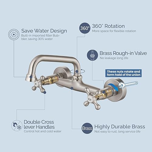 Miniatura 8 de Airuida Grifo de fregadero de cocina de montaje en pared para pico de 6 pulgadas (5.9 in), centro ajustable, centro ajustable, asas cruzadas, agua