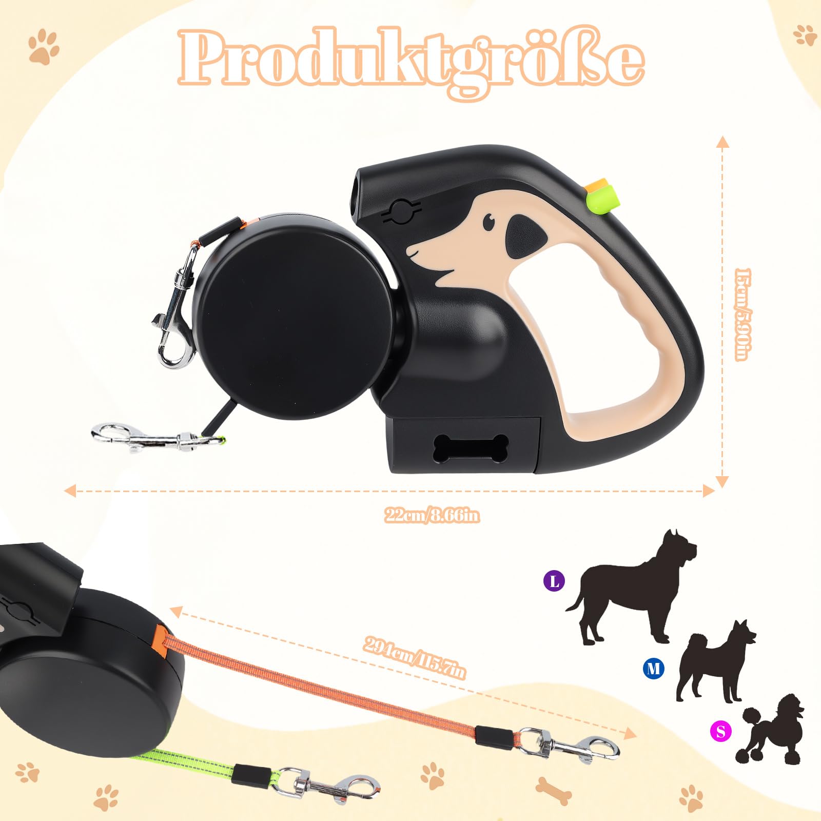 Doppelleine für 2 Hunde, 3 m Ausziehbare Anti-Verwickel-Hundeleine mit 360° Drehung, Rutschfestem Griff, Integrierter Taschenlampe & Kotbeutelhalter, Für Kleine Hunde bis 10 kg