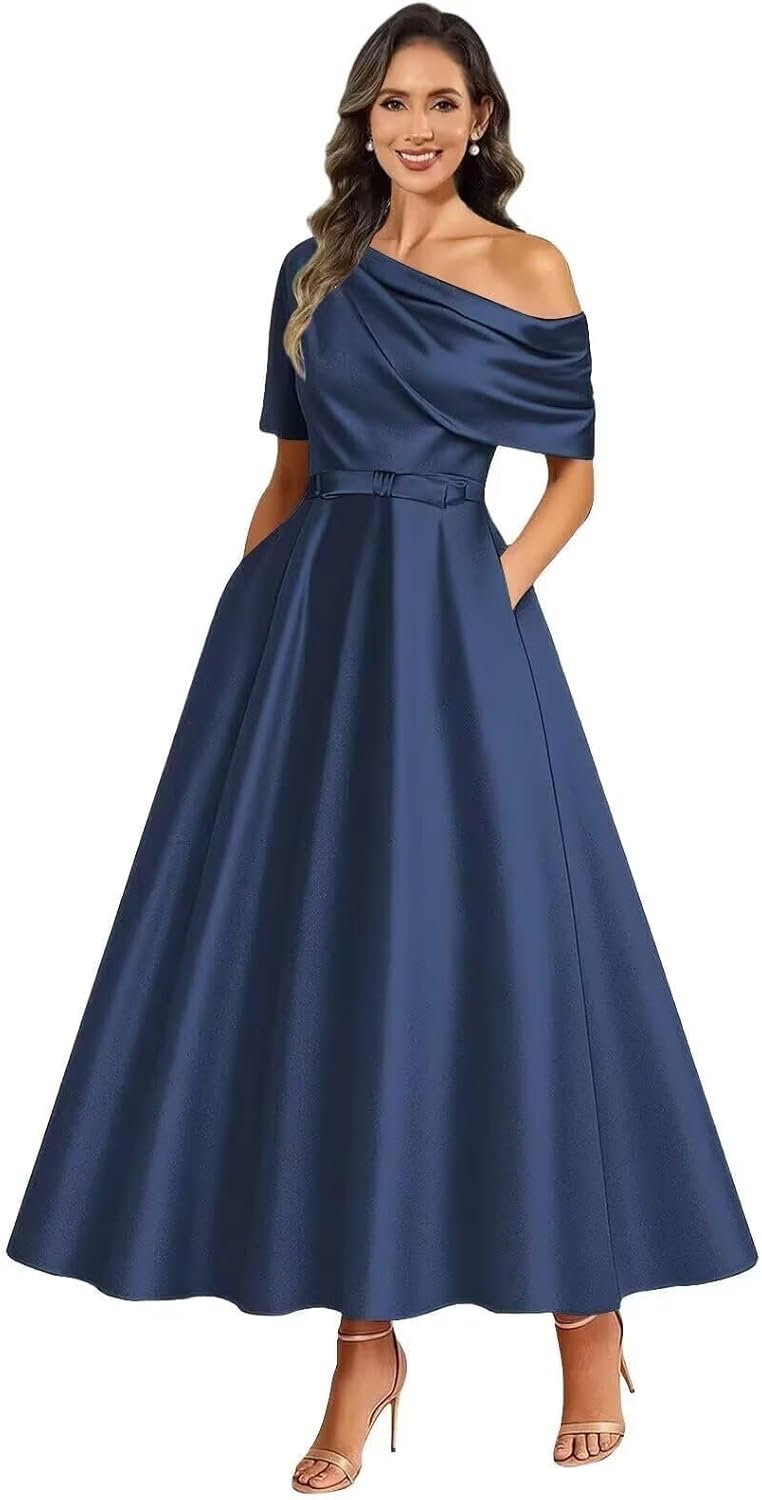 One Shoulder Satin Mother of The Bride Dresses for Women Tea Length A-Line Formal Evening Party Dress with Pockets Bow