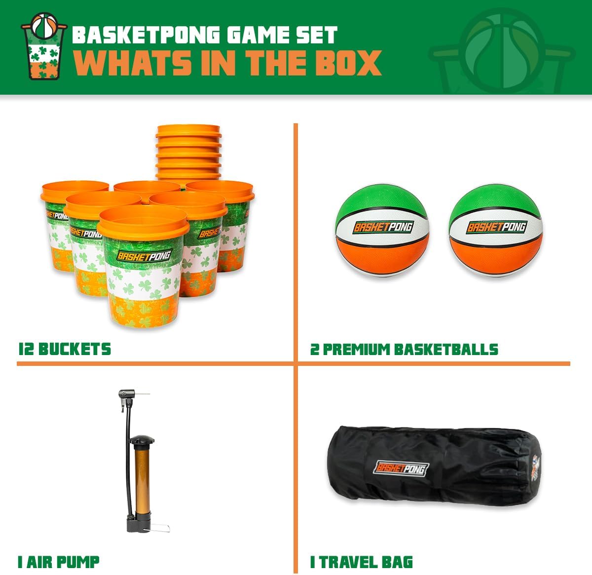 BasketPong Irish – Giant Yard Pong and Basketball Game with 12 Buckets, 2 Balls, Carrying Bag, and Air Pump – Outdoor Game for Lawn, Backyard, Beach, and Parties