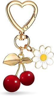 かわいいチェリーキーチェーンチェリーパースチャームハートキーリングカーチェリーアクセサリーチェリーヒマワリバッグチャームチェリーチャーム友人ガールフレンド誕生日ギフト2個, レッド、ゴールド、ホワイト。