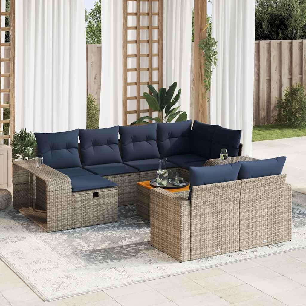 Set de sofás de jardín ratán sintético Gris con Cojines, 11 Piezas con función de almacenaje, Estructura de Acero Resistente para terraza, Patio o balcón, Incluye Mesa, reposapiés y estantes