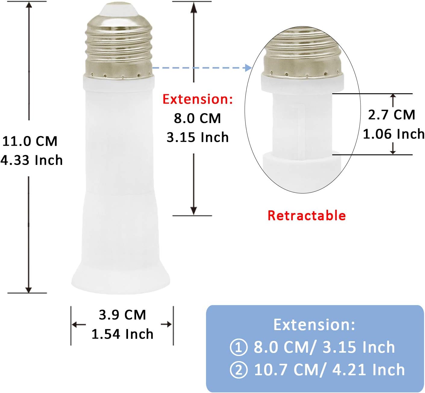 CliCli 12-Pack E26 Medium Base Flexible Light Bulb Socket Extender (Extension: 3.15 Inch/4.13 Inch), E26 to E26 Standard Medium Screw Lamp Socket Extension Adapter, Max 60W and 160℃ Heat-Resistant