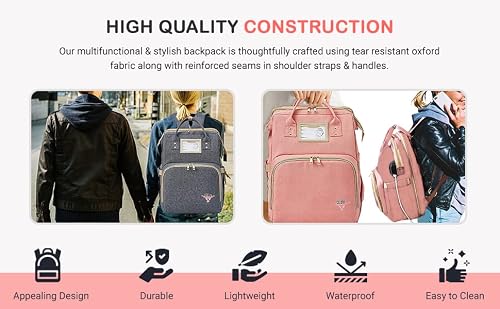 ZM Multifunction Baby Diaper Bag with Changing Station, Waterproof USB Charging Port, Large Capacity Cradle, Travel Bassinet, Foldable Backpack, Organizer Bed Crib, Stroller Straps (Pink)
