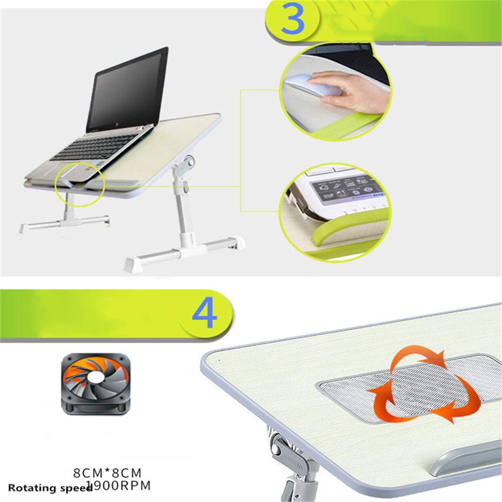 ZYFSHA Tavolino da Letto per Laptop con Ventola di Raffreddamento USB, Sollevamento, Pieghevole, Materiale Ecologico, poggiamano Antiscivolo Regolabile, radiatore Bianco