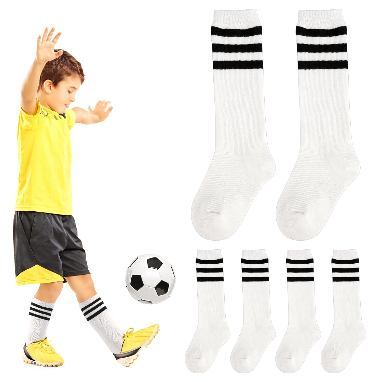 XIHIRCD3 Pairs Soccer Socks with Stripes on Top, Striped Trim Socks Soft Cotton Athletic Socks Mid Tube Socks Youth Socks Mid-Calf Socks for Sport Boys Girls Kids Gift (White)