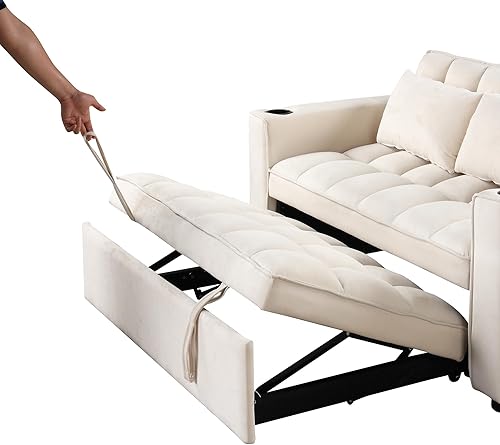 Miniatura 7 de Sofá cama 4 en 1 con portavasos y puerto USB, sofá cama extraíble de terciopelo con 2 almohadas y respaldo ajustable, sofá biplaza de 58 pulgadas