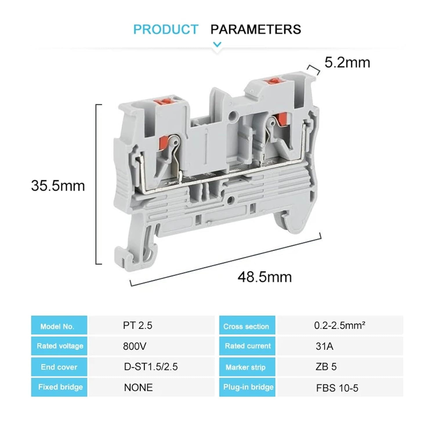 PT2.5 Push-in Terminal Block 2.5mm² Connector Spring Feedthrough Strip PT-2.5 Wire DIN Rail Contact PT 2.5(Beige,10 pcs)