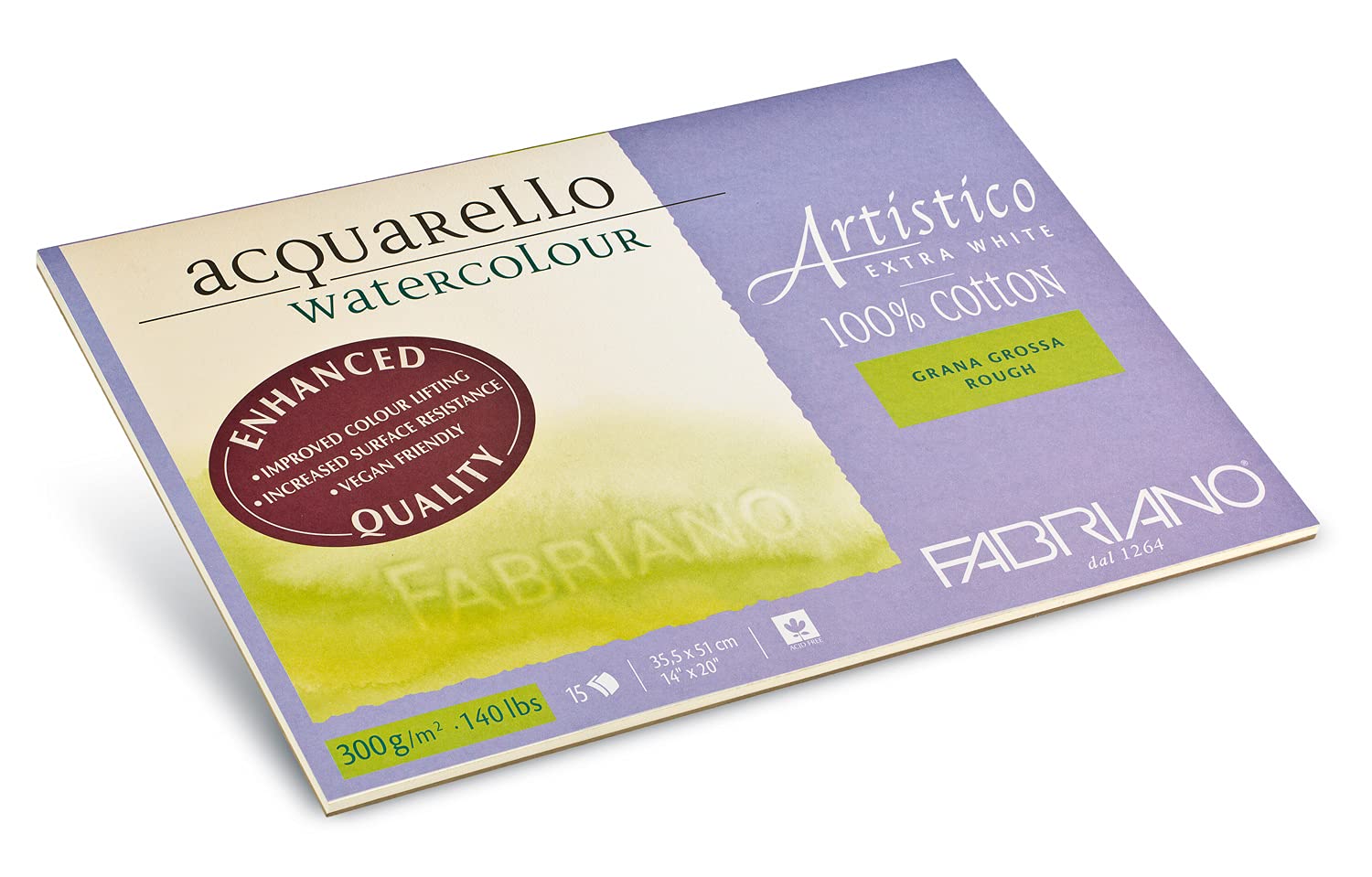 Honsell Fabriano Artistico Acquarello Watercolour Extra Blanco Grano Grueso 35,5 x 51 cm, 15 Hojas 300 g/m² de Alta Calidad, Bloc de Papel de Acuarela encolado por 4 Caras