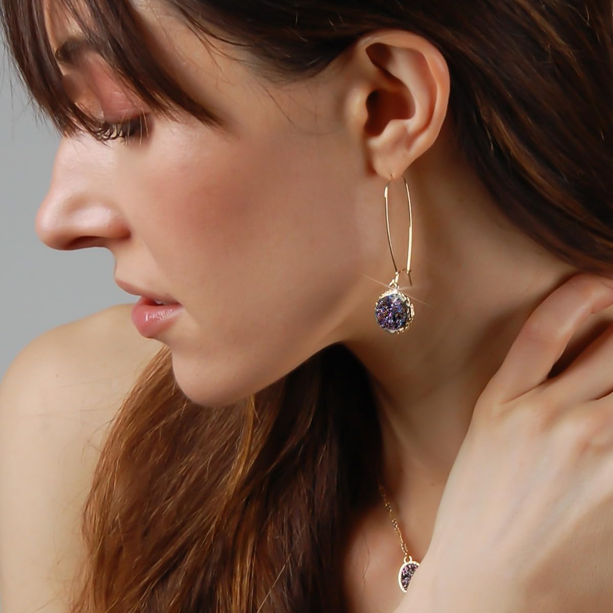 Simulated Druzy Threader Drop Earrings for Women - Gold, Silver, or Rose Gold Tone Trendy Boho Dangles with Sparkly Round Stone - Image 5