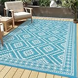 GAOMON Outdoor Waterproof Rug 9x12 Reversible Plastic Straw Rug Modern UV Resistant Carpet, Large Foldable Lightweight Floor Mat for Backyard, Camping, Bench, Picnic, Deck, Teal/White(Modern)