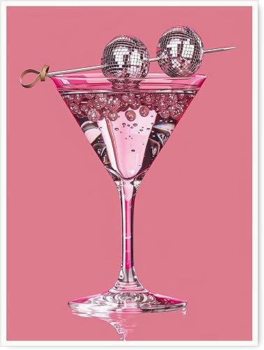 Arte de pared de bola de discoteca de Martini rosa vintage imprimible, arte retro de carrito de bar Y2K, decoración de apartamento rosa femenino,