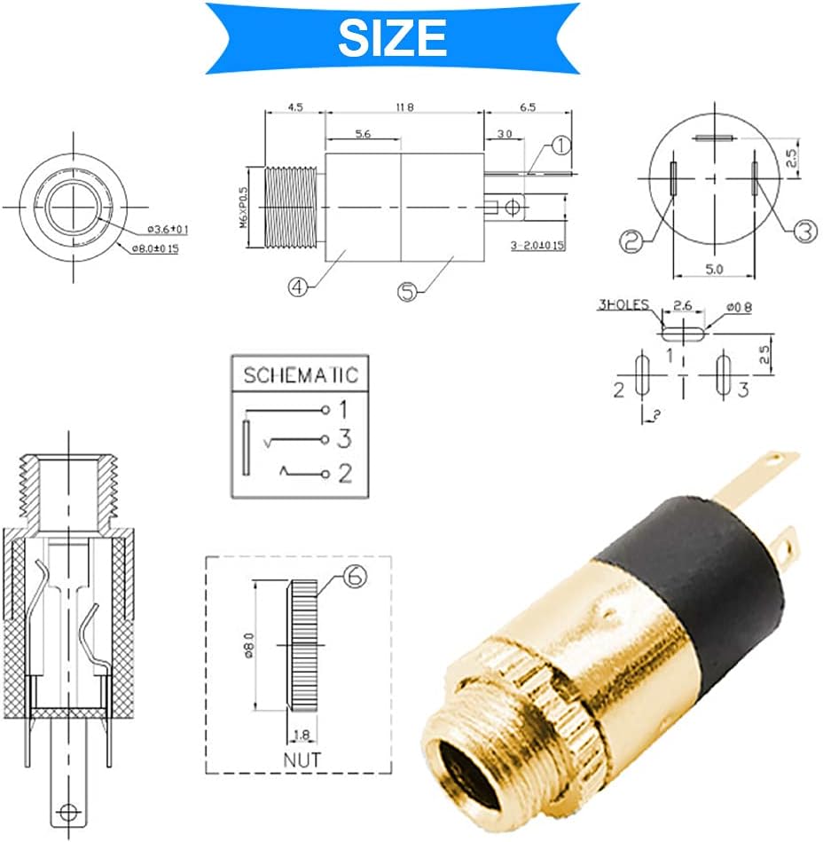 Youmile 10PCS PJ-392 3.5mm Stereo Female Socket Jack Panel Mount Gold Plated Audio Headphone Connector Audio Plug for MP3 with 10PCS 3.5mm TRS Male Plug Connector - Image 4