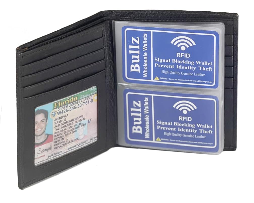 Leather European Bifold Hipster Mens Wallet With Heavy Duty Vinyl Wallet Insert (Black)