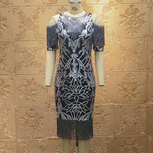 Image of Cololura Sexy Elegant Women Sequin Long Sleeve Tassel Bodycon Midi Dress Party Evening Gown Formal Dress