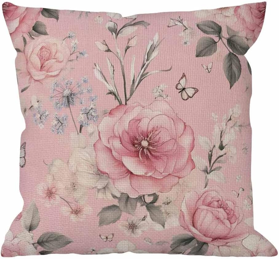 HGOD DESIGNS Floral Throw Pillow Cover,Flowers and Leaves Pink Watercolor Floral Blossom Flower Rose Spring Decorative Pillow Cases Cotton Linen Square Cushion Covers for Home Sofa Couch 18x18 inch
