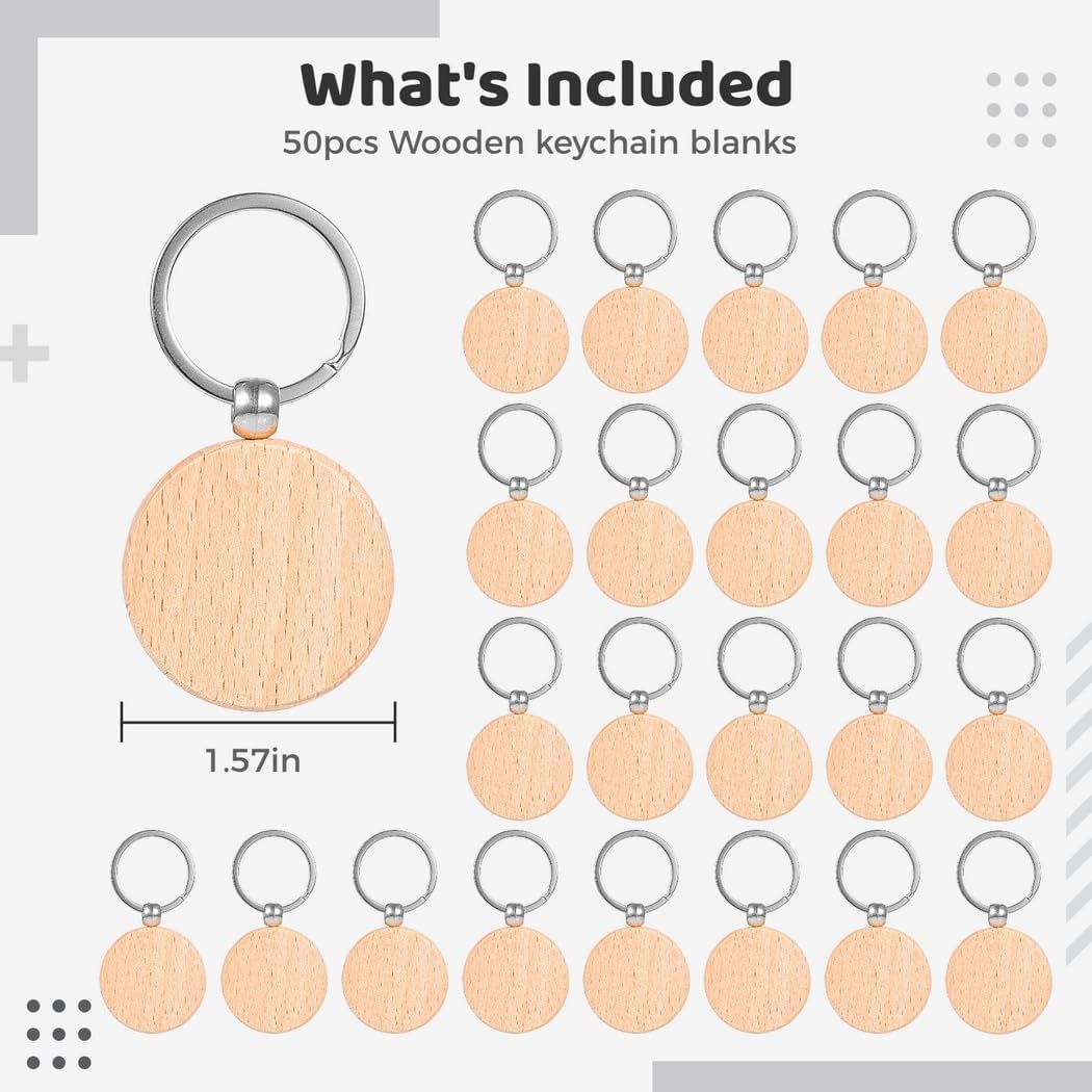 50 Pieces Wooden Keychain Blanks for Crafting, Customizable Round Wood Keyrings for DIY Projects, Christmas Ornaments, Pet Tags, Bag Charms